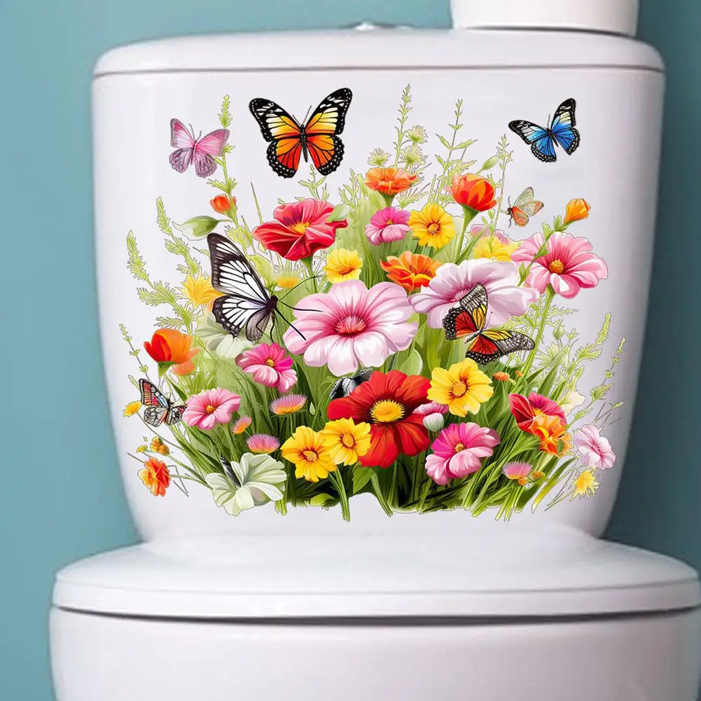 Butterfly Flower Toilet Seat Stickers Self-Adhesive Toilet Lid Decals Diy Removable For Bathroom Home Restroom Decor