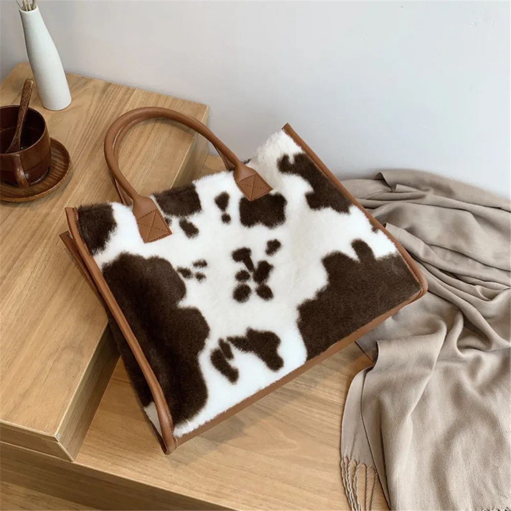 Winter Faux Fur Leopard Print Designer Shopper Totes Fashion Soft Plush Women Shoulder Bags Large Capacity Handbags And Purse