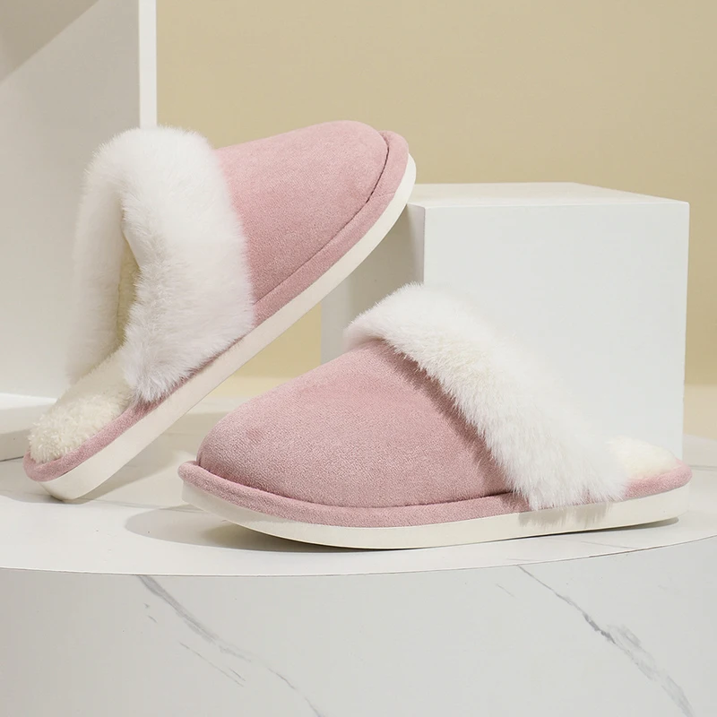 2025 New Faux Fur Flat Slippers for Women Winter Non Slip Warm Bedroom Home Slides Woman Comfortable Soft Sole Cotton Shoes