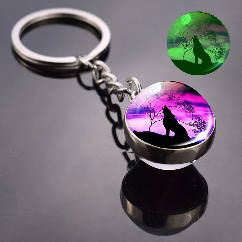 Glow in the Dark Wolf Key Chain Howling Wolf and Moon Keyring Double Side Glass Ball Keychain Head Pendant Key Ring for key rings,key chains