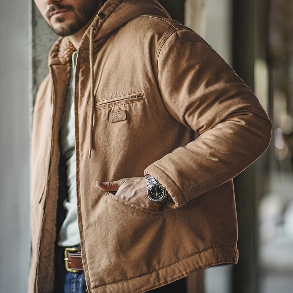 Maden Retro J141 Active Hooded Jacket Solid Color Sherpa Fleece