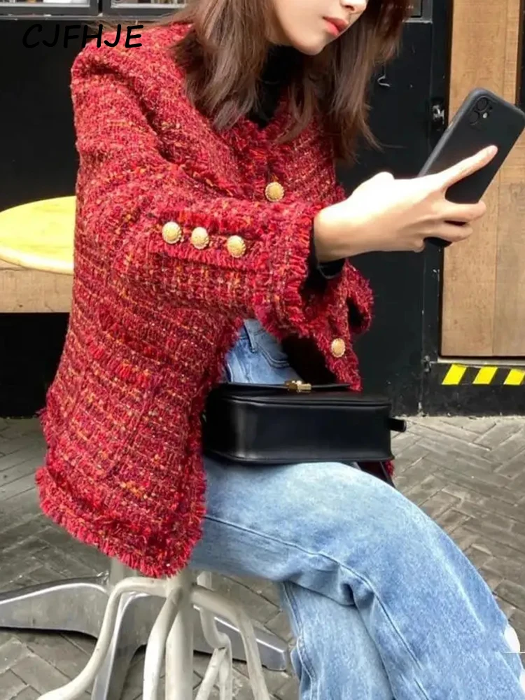 CJFHJE Tassel Red Winter Tweed Suit Jackets Women Casual Short Outerwear Tops Vintage Button O-Neck Long-Sleeved Blazers Female