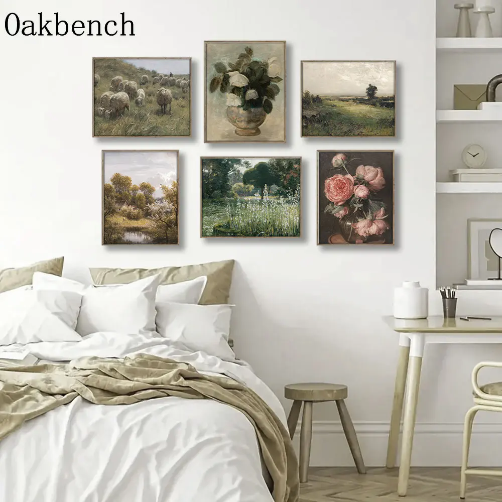 Vintage French Country Canvas Painting Road Wall Paintings Lake Art Prints Flowers Print Pictures Nordic Wall Poster Home Decor
