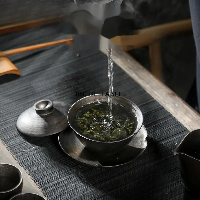 150ml ceramic handmade gold-plated lid bowl traditional iron glazed coarse tea lid bowl tea ceremony accessories