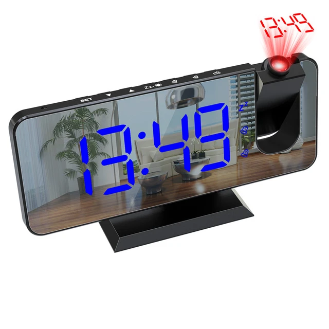 Reloj despertador de proyección con pantalla LED grande, despertador  electrónico Digital, pantalla de espejo LED, proyector giratorio de 180 ° -  AliExpress