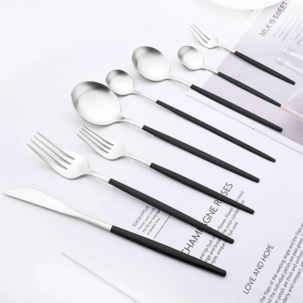 Drmfiy Dinnerware Knife Dessert Fork Coffee Spoons Tableware Cake Fork 1pcs Stainless Steel Cutlery Flatware Set Black Silver