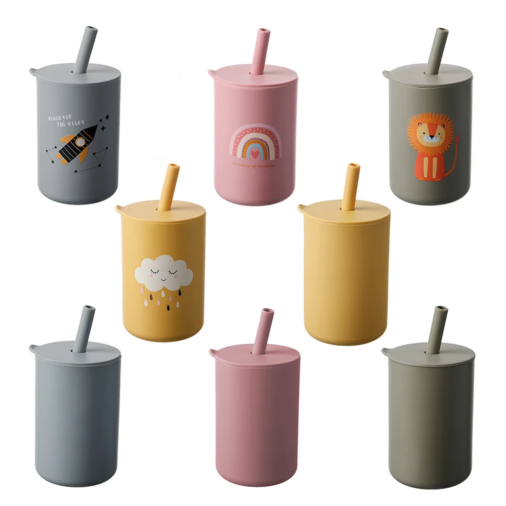 Silicone Baby Feeding Drinkware Straw Cup kid Learning Feeding Bottle Anti-Hot Leakproof Silicone Tableware Toddler Water Bottle drinking water bottle