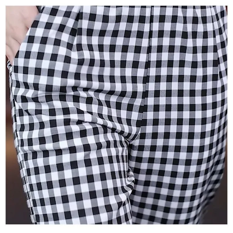 Spring Summer Checkered Pockets Contrast Color High Waisted Elastic Casual Loose Women's Clothing Wide Leg Trousers Pants