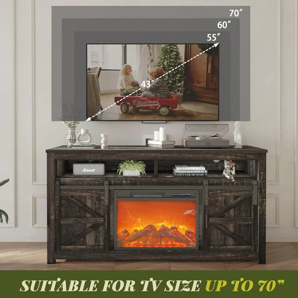 58" Farmhouse TV Stand with Fireplace, Sliding Barn Door Rustic Media Console with 2 Storage Shelves, Wood Television Stand 3