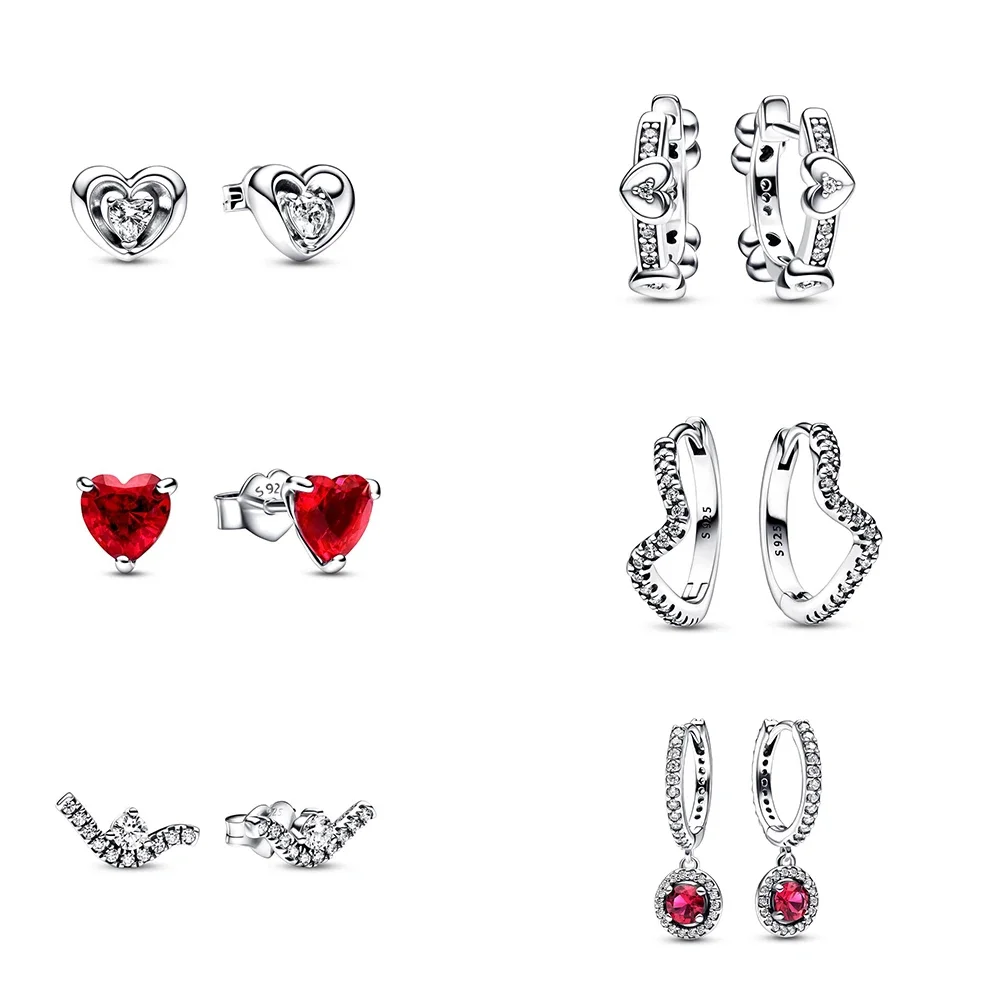 

New 100% 925 Sterling Silver Pan Sparkling Wave Radiant Sparkling Hearts Hoop Earrings Gifts Fit Women
