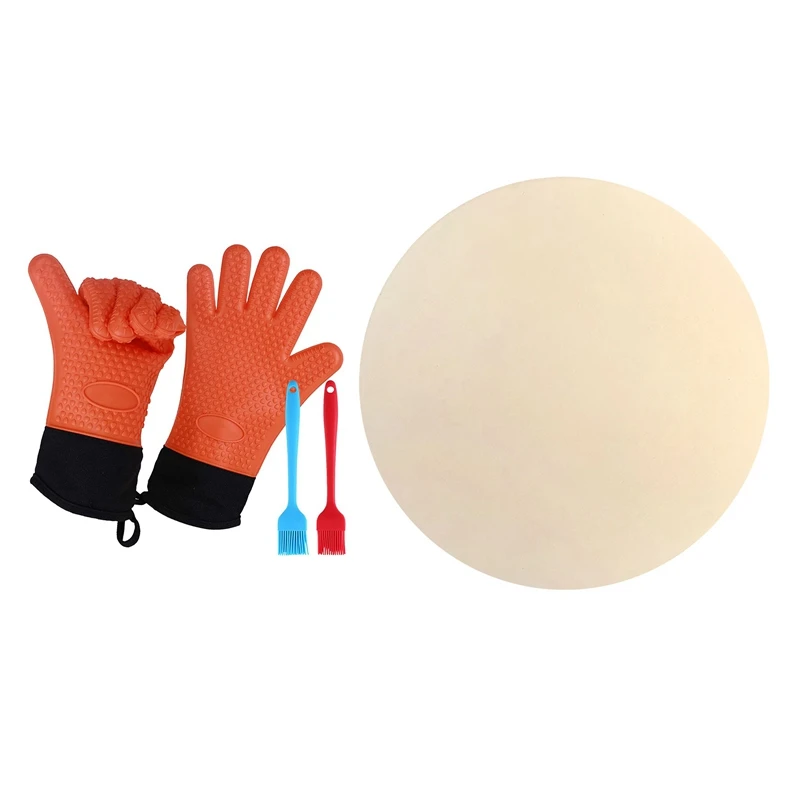 

1 Pair Silicone Cooking Gloves(With 2 Pcs Pastry Brush) With Pizza Stone For Baking-Cordierite Pizza Stone Plate-ABUX