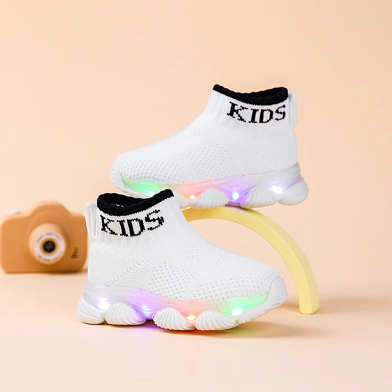 용 LED 라이트 스니커즈 하이탑 남아 플랫폼 슬립온 신발 아동용 봄 니트 양말 스니커즈 야광 운동화