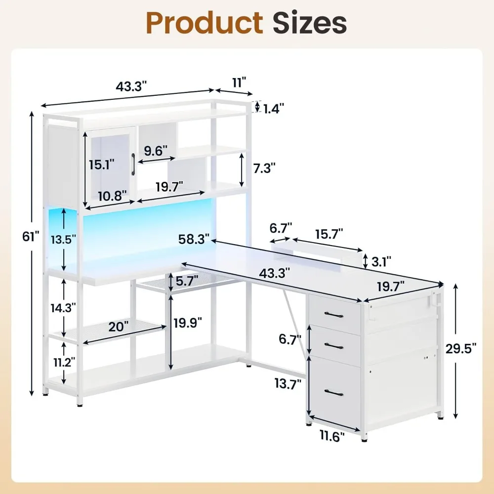 Shaped Computer Desk, 58'' Office Desk with 3 Drawers and Bookshelf, L Shaped Corner Desk with Storage Shelves and LED 6
