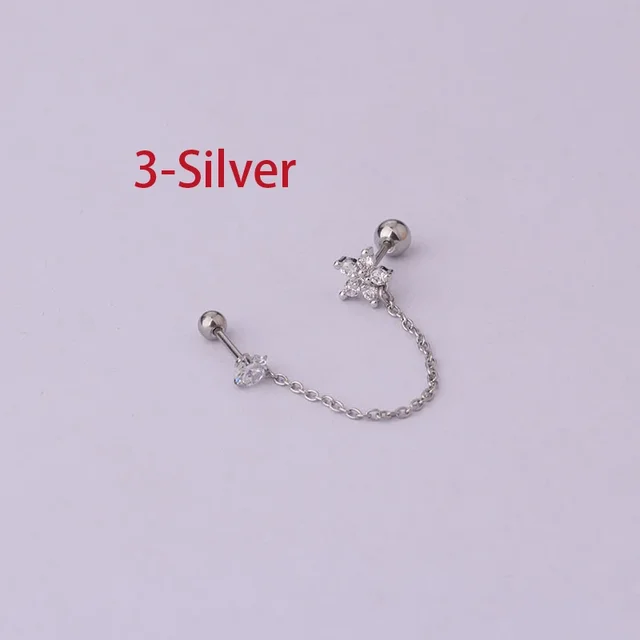 Boucles d'oreilles tendance en acier inoxydable pour femmes, 1 pièce, chaîne à Double perçage, fleur coréenne, Zircon, clous de perçage, bijoux à la mode