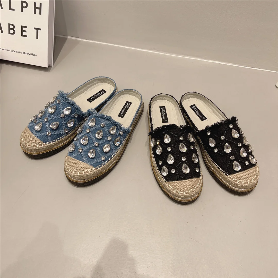 

Baotou Half Slippers Women Summer Wear Muller Shoes 2023 New straw Rhinestone Flat Sandals Fashion Party Shoes Free Shipping