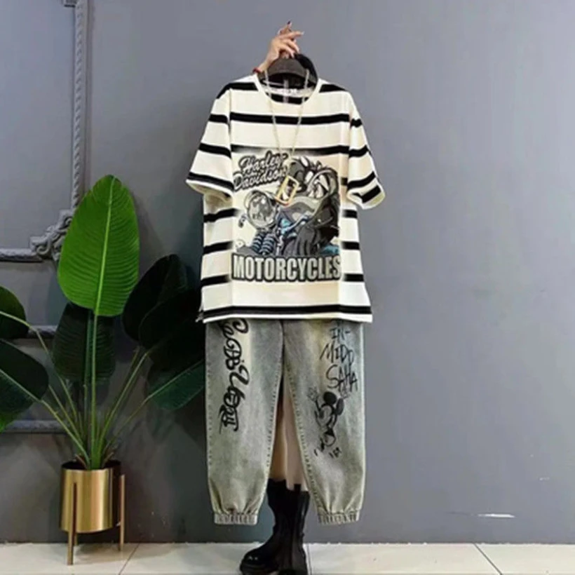 2023 Spring and Summer New Korean Women's Fashion Short-sleeved T-shirt Foreign Style Graffiti Jeans Two-piece Set