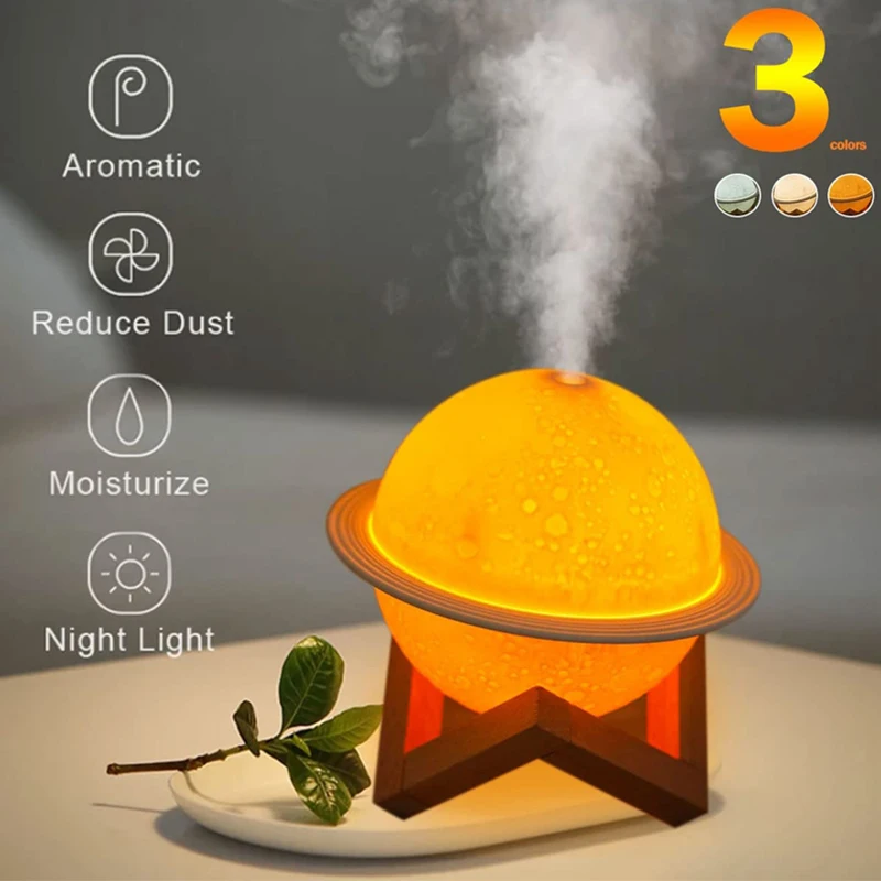 200Ml Round Planet Colorful Cold Mist Large Portable Mini Wood Stand Usb Desktop Moon Lamp Humidifier With 3 Colors Night Light