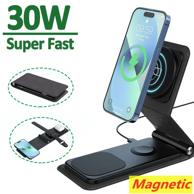 Chargeur magnétique sans fil 3 en 1, support de téléphone, station de charge rapide, support pour iPhone15 14 13 pro max 11 Apple Watch Airpods, 30W 1