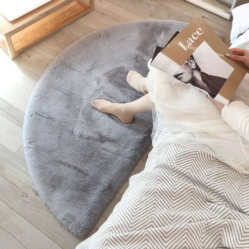 

Semi-Circle Faux Rabbit Fur Rugs Bedroom Bedside Carpets Girls Room Soft Plush Carpet Rug For Living Room Grey Home Non-Slip Mat