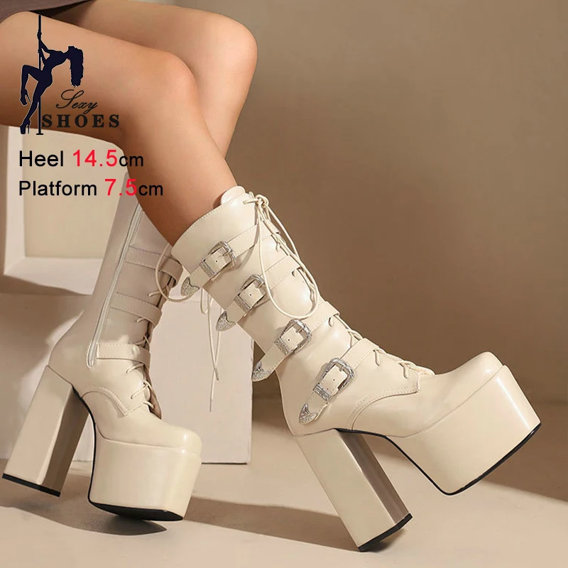 Autumn Winter Black Women Mid-Calf Boots Lace Up Four Rows Buckle Zipper Round Toe Thick Heels 14.5cm Platform 7.5cm Dance Boots