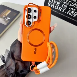 Leather Textured Wrist Strap Case with Metal Lens Bracket and Magnetic Ring Cover - Galaxy S23 Ultra (Orange)