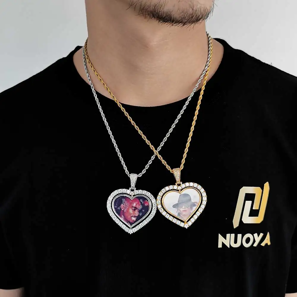 Custom Double Side Rotating Heart Necklace Personalized Family Memory Jewelry Heart Pendant Bling Diamond Necklaces For Couple