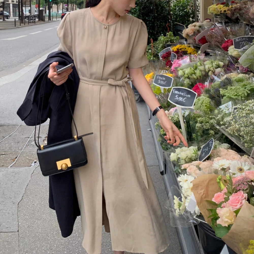 

Платье-рубашка женское длинное с поясом, элегантный однобортный приталенный Макси Сарафан с коротким рукавом, лето 2024