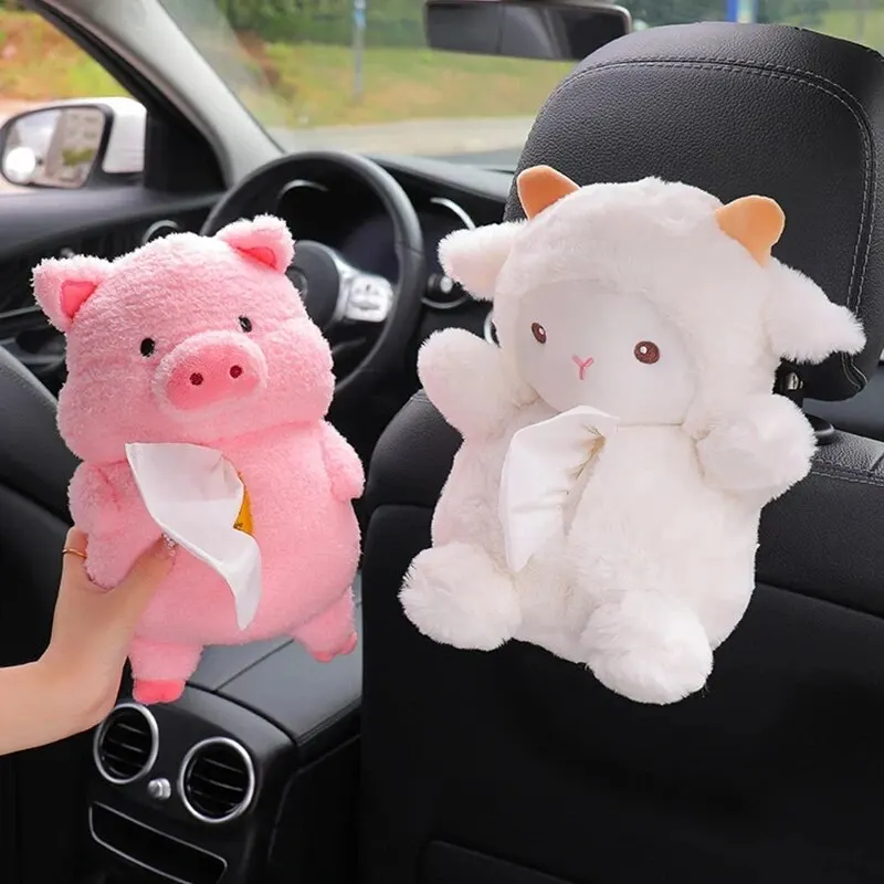 Cartoon Car Tissue Box Creative Little Sheep and Pig Car Hanging Paper Drawer Box Cute Vehicle Interior Decoration Supplies car tissue holder tissue box