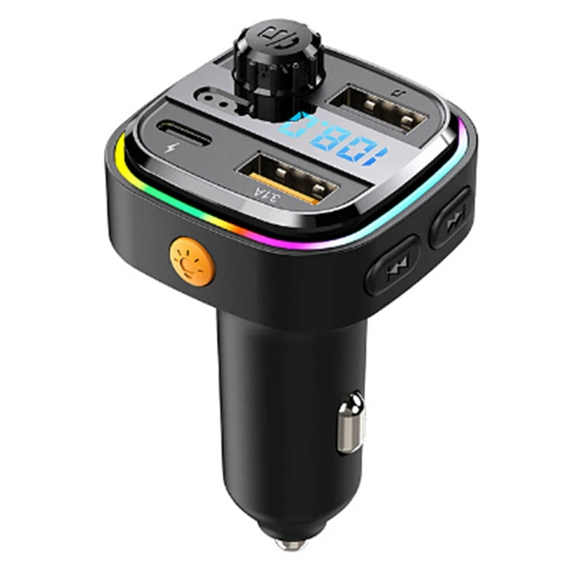 블루투스 5.0 FM 송신기 자동차 라디오 변조기 MP3 플레이어, 다채로운 분위기 호흡 빛, PD + USB 고속 충전, 내구성