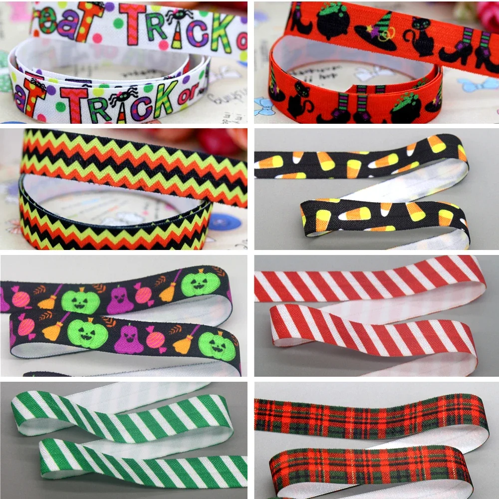 DHK 5/8'' 5yards Christmas Halloween Chevron Plaid Printed Fold Elastic FOE Stretch Ribbon Hairbow Headband Collar DIY C1851