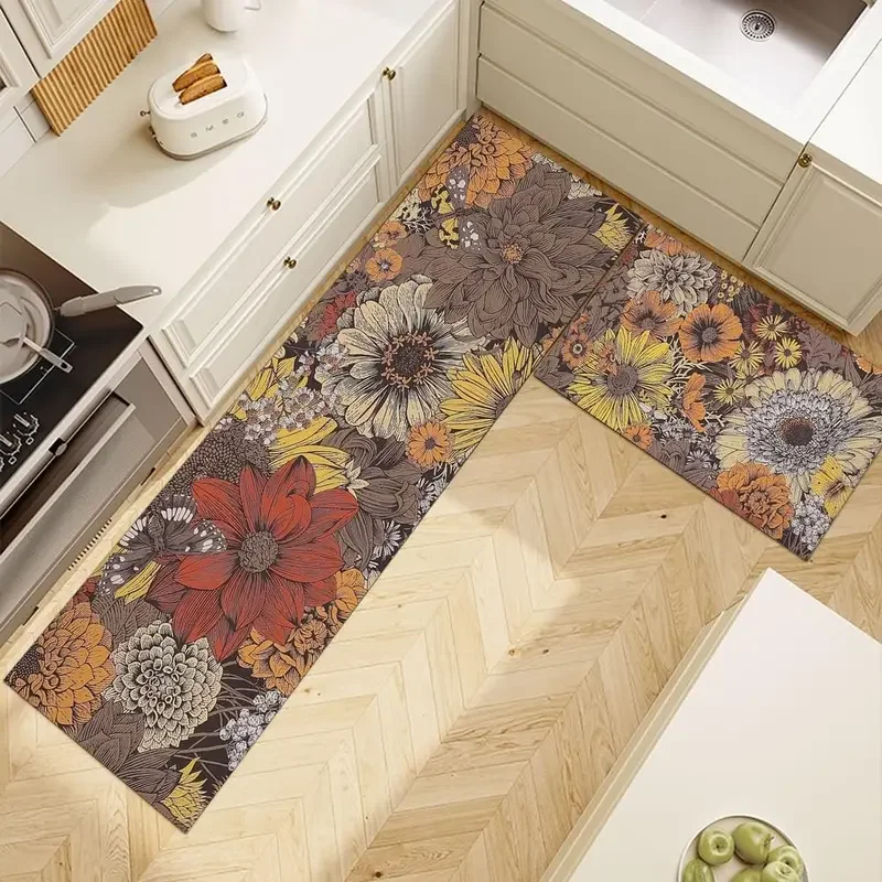 VIKAMA Kitchen Floor Mat Oil Resistant Wipeable Washable Waterproof Mat American Floral Carpet Home Decoration 1/2PC