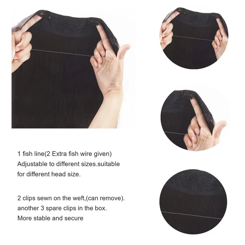 Invisible Wire Hair Extensions Human Hair Fish Line Extensions Real Human Natural black #1B Wire
