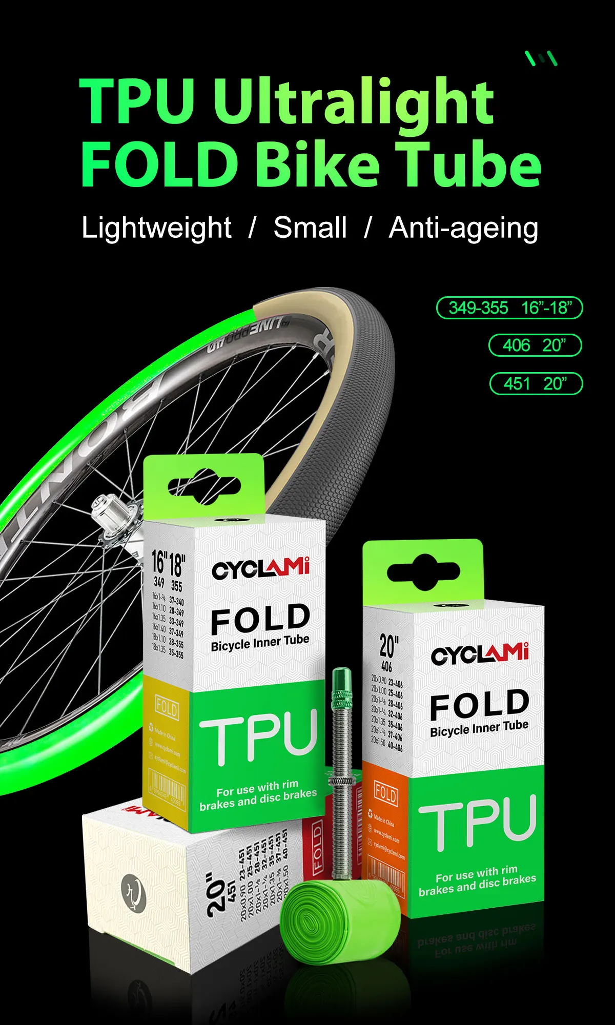 Description Picture 2 of itemCYCLAMI TPU Folding Bike Inner Tube FV 60mm 20" 406 451 16" 349 18" 355 0.9 1/1-8 1-3/8 1.35 1.5 1.4 1-1/4 Bicycle Tire Pneu