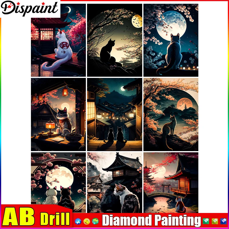 Dispaint Ab Square Round Drill 5D Diamond Painting Artigianato Ambientale Ricamo Diamante Pieno "Cat Mountain Tree" Home Decor
