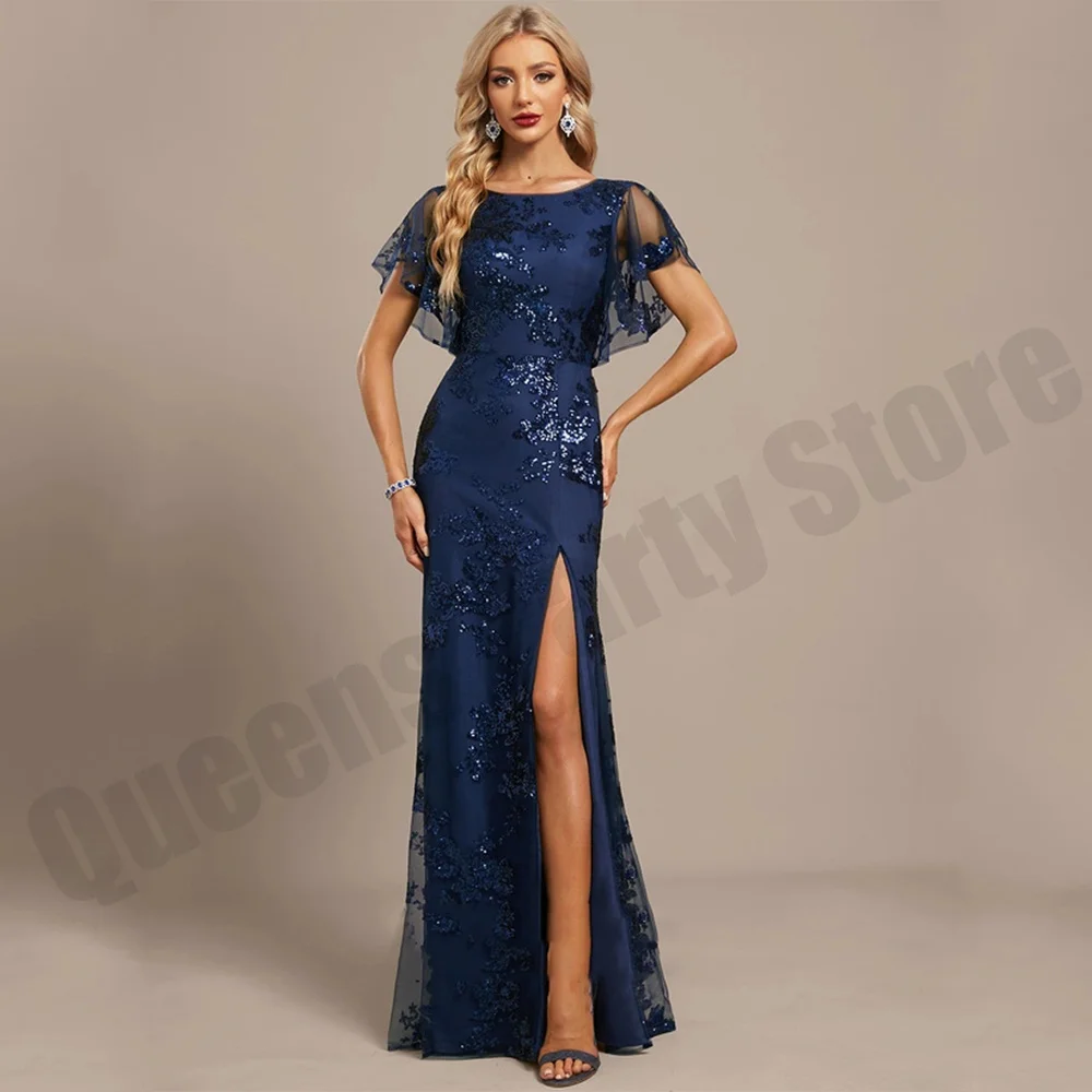 

Sequined Lace Mother of The Bride Dress Batwing Sleeves Applique Side Split Mermaid Evening Gown for Groom's Mom Wedding Guest