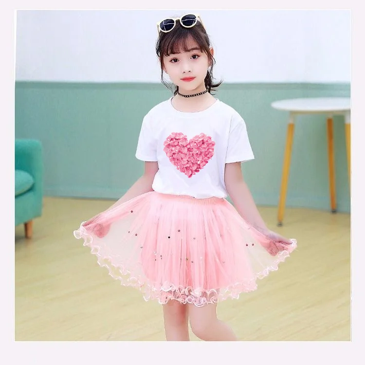 Summer Little Girls Clothing Cute Cat T Shirt& mesh Tutu Skirt Two Piece Set Fashion Korean Children Clothes Outfits 3-14years