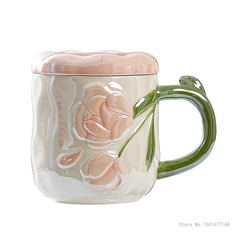 Creative Pearl Glazed Rose Three-dimensional Relief Mug With Lid, 420ML Capacity, Ceramic With Handle Milk Coffee Water Cup, 1Pc