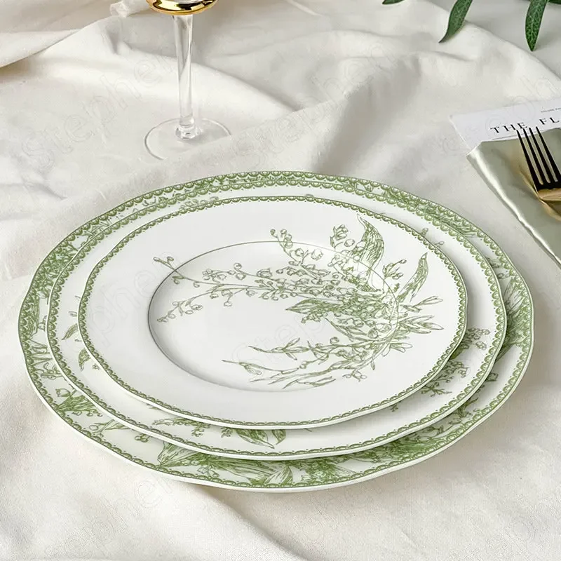 Assiette &agrave; steak et p&acirc;tes en porcelaine, assiettes quePlates, muguet vert &eacute;meraude, am&eacute;ricain, moderne, th&eacute; de l'apr&egrave;s-midi, g&acirc;t
