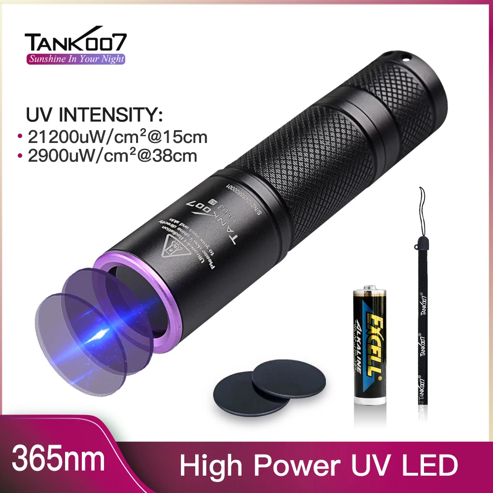 TANK007 UV03 High Power UV 365nm LED Flashlight NDT EDC Portable Blacklight Powerful Torch Detector for Dog Urine Pet Stains UV Flashlight