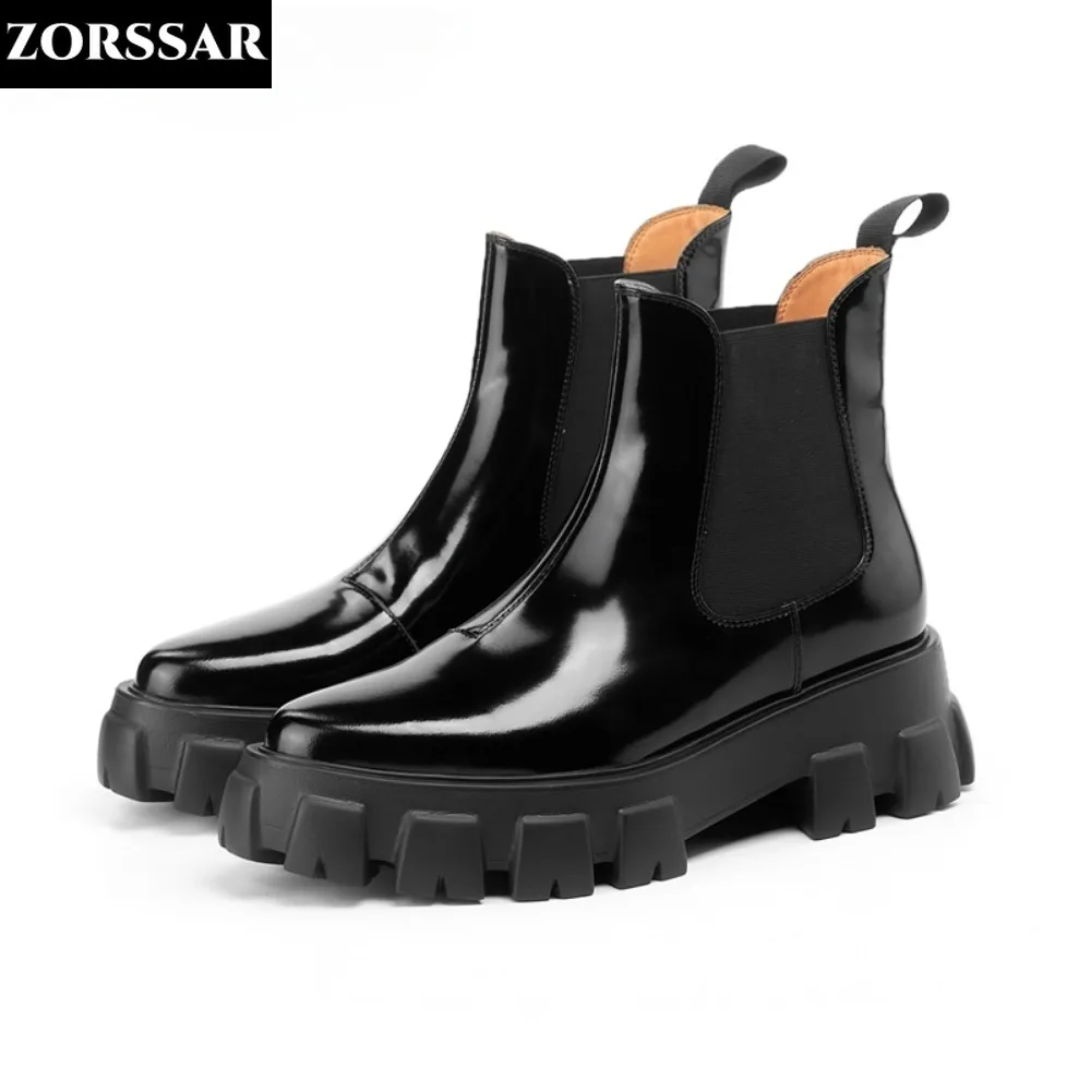 

2023 New Classics Cow Leather Platform Pointed Toe Chelsea Boots Size 40 High Heels Winter Casual Slip on Brand Ankle Boots