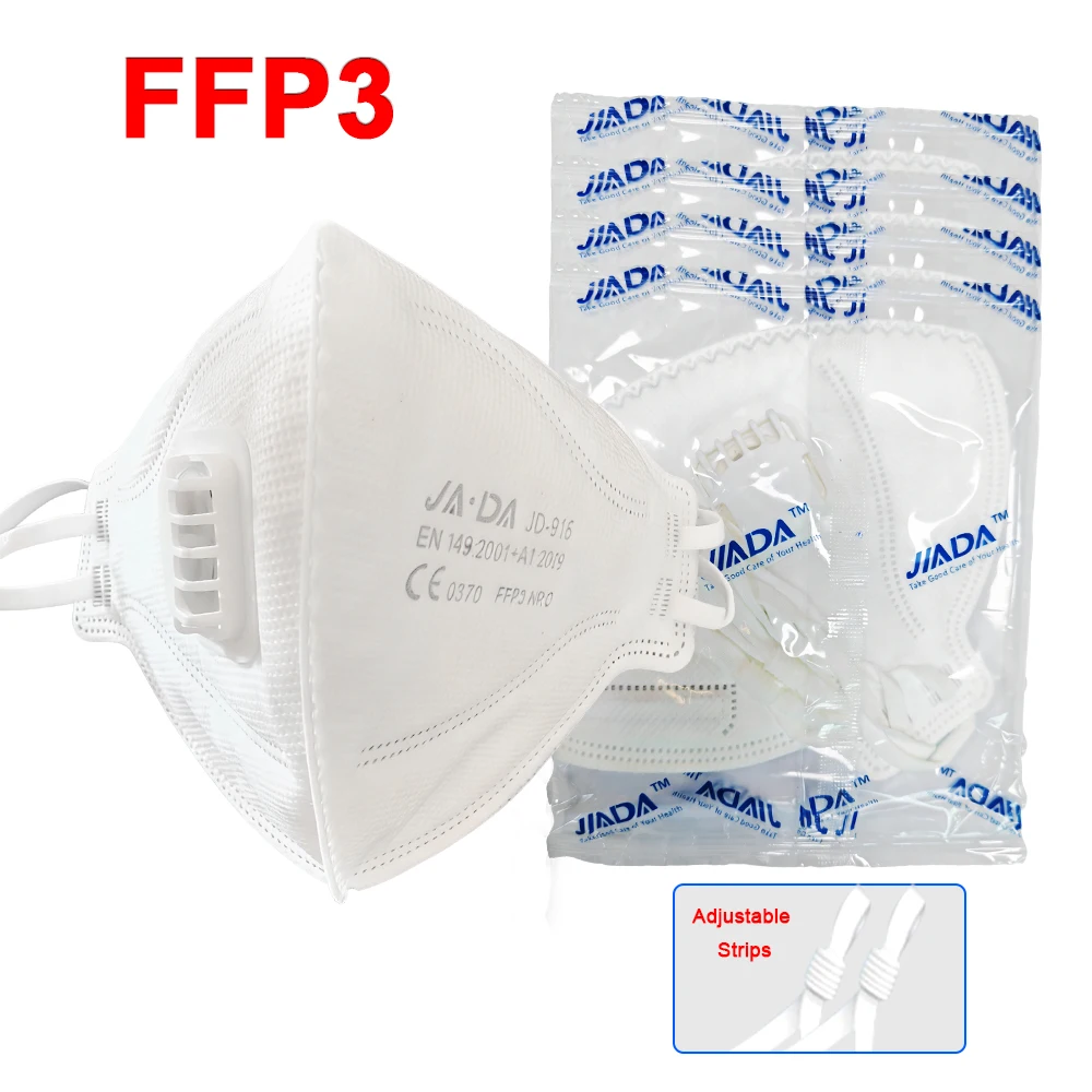 Masque FFP3 6 couches jetable avec élastiques et barrette nasale, vue de face.