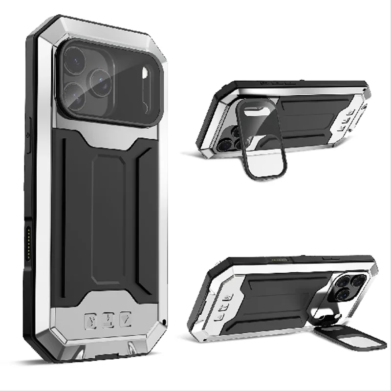 Premium 360° Metal Tempered Glass Rugged Shockproof Case with Kickstand and Camera Protector