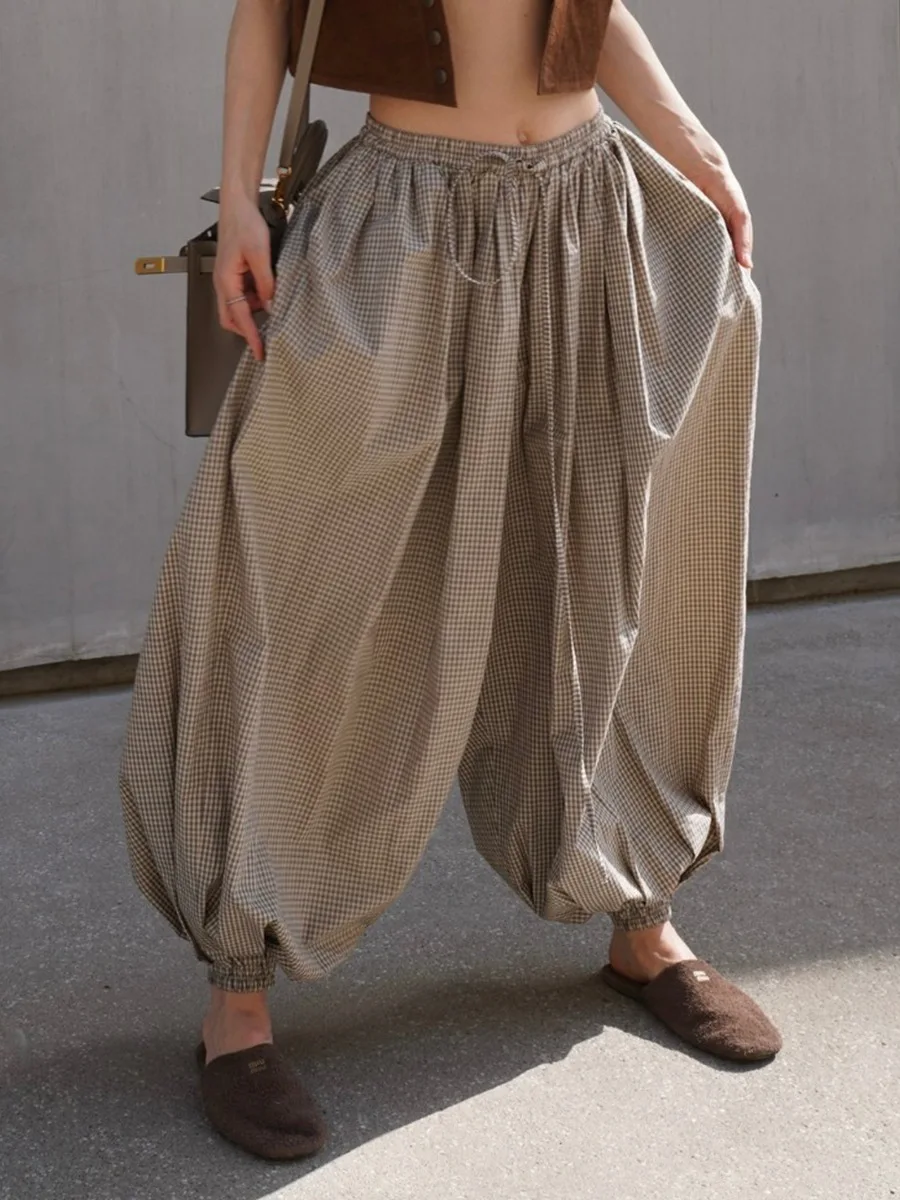 Bornladies Women's New Retro Brown Lantern Pants High Waist Trendy Loose Fit Plaid Spring Summer Fashion Trousers