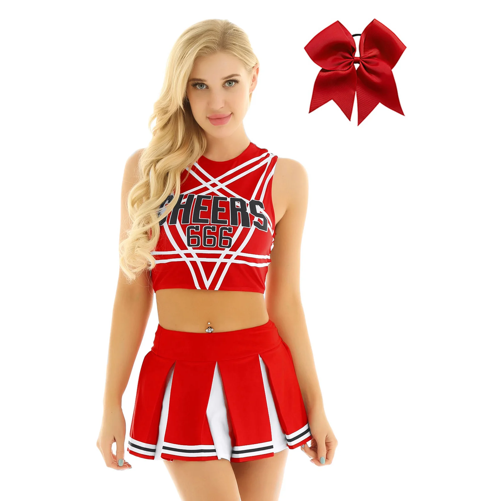 Women Cheer Dance Uniform Cheerleader Costumes Outfits Top Mini Pleated Skirt Bowknot Hairband School Girl Cheering Teamwear