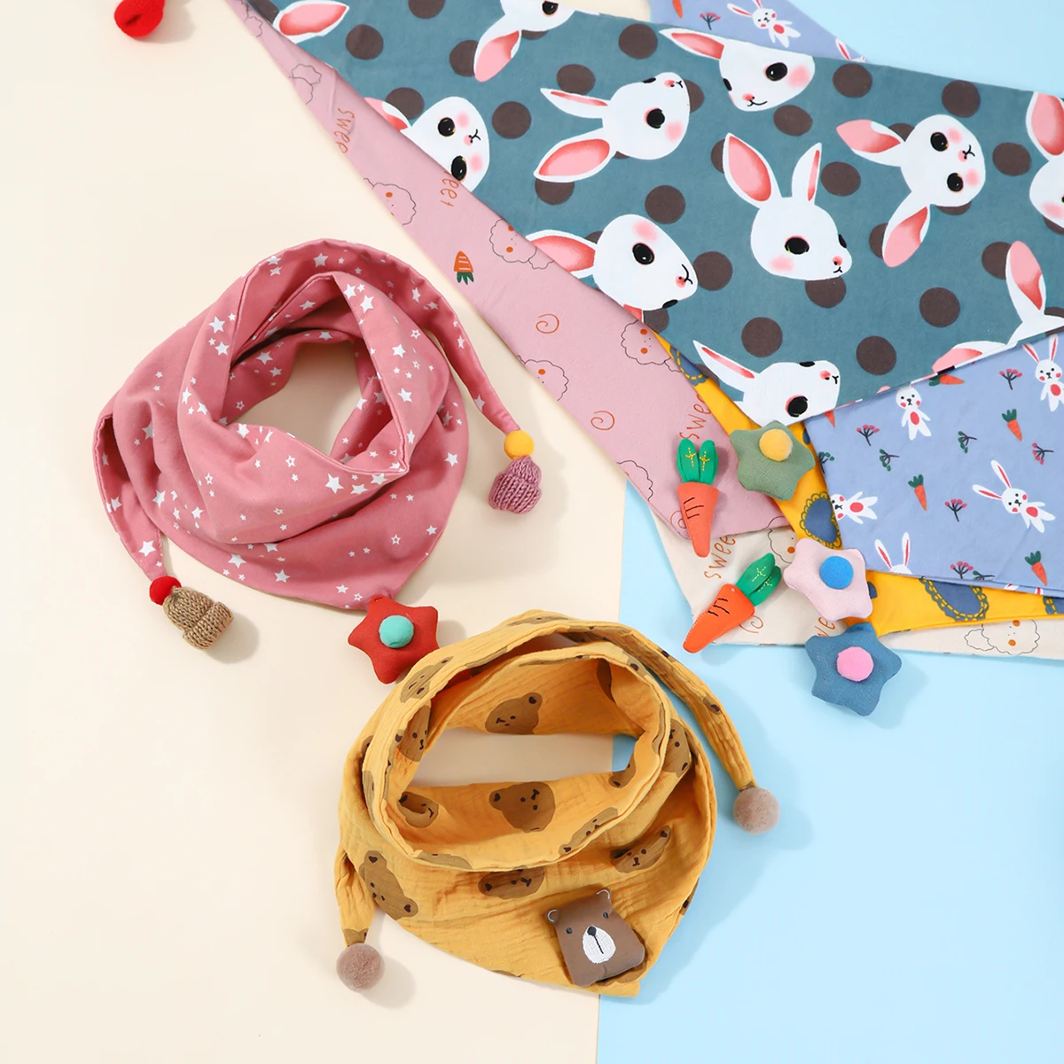 Winter Children's Triangle Scarf Double Layer Bear Scarf Baby Soft Cotton Lining Scarf Kids Autumn Collar for Boys Neckerchief 2