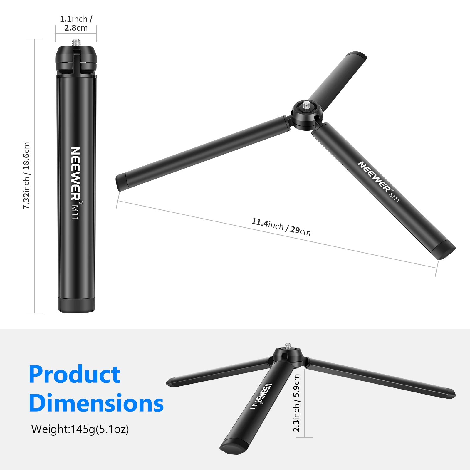 Trépied pliable déplié avec un reflex numérique, stabilisé sur un sol inégal, support 3kg robuste.