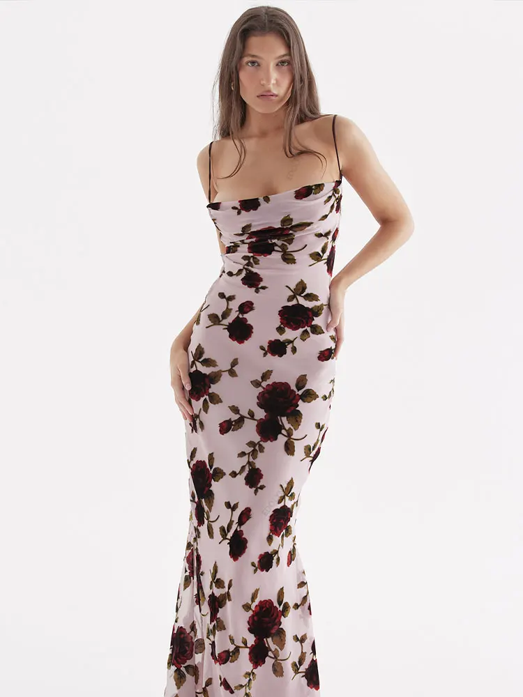 

Sexy Back Open French Rose Print Slim Bandage Mesh Dress For Women 2023 Elegant Sweet Holiday Style Midi Dresses Vestidos A2399
