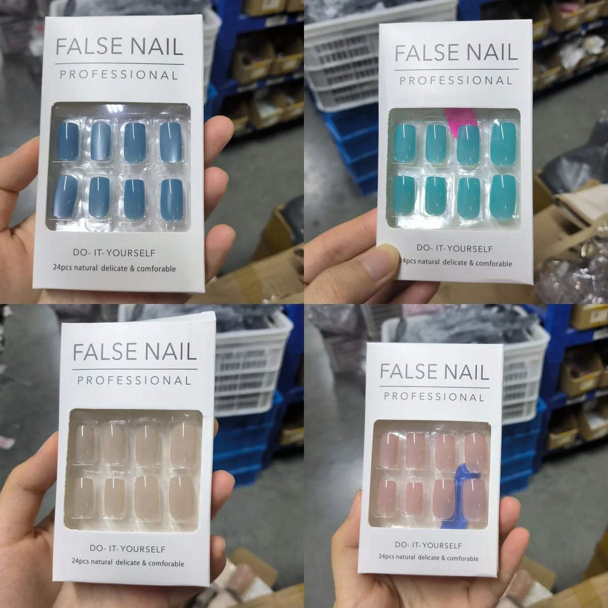24pcs Blue Green Nude Pink Cat Eye Fake Nails Short Square Winter Press On Nails Tips with 1Jelly Stickers&File False Fingertips