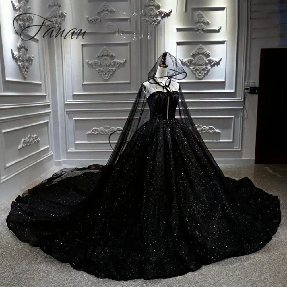 Luxury Strapless Black Wedding Dresses Cathedral Train Halloween Ball Gown For Women Empire Princess Sequined Bridal Gowns 2022