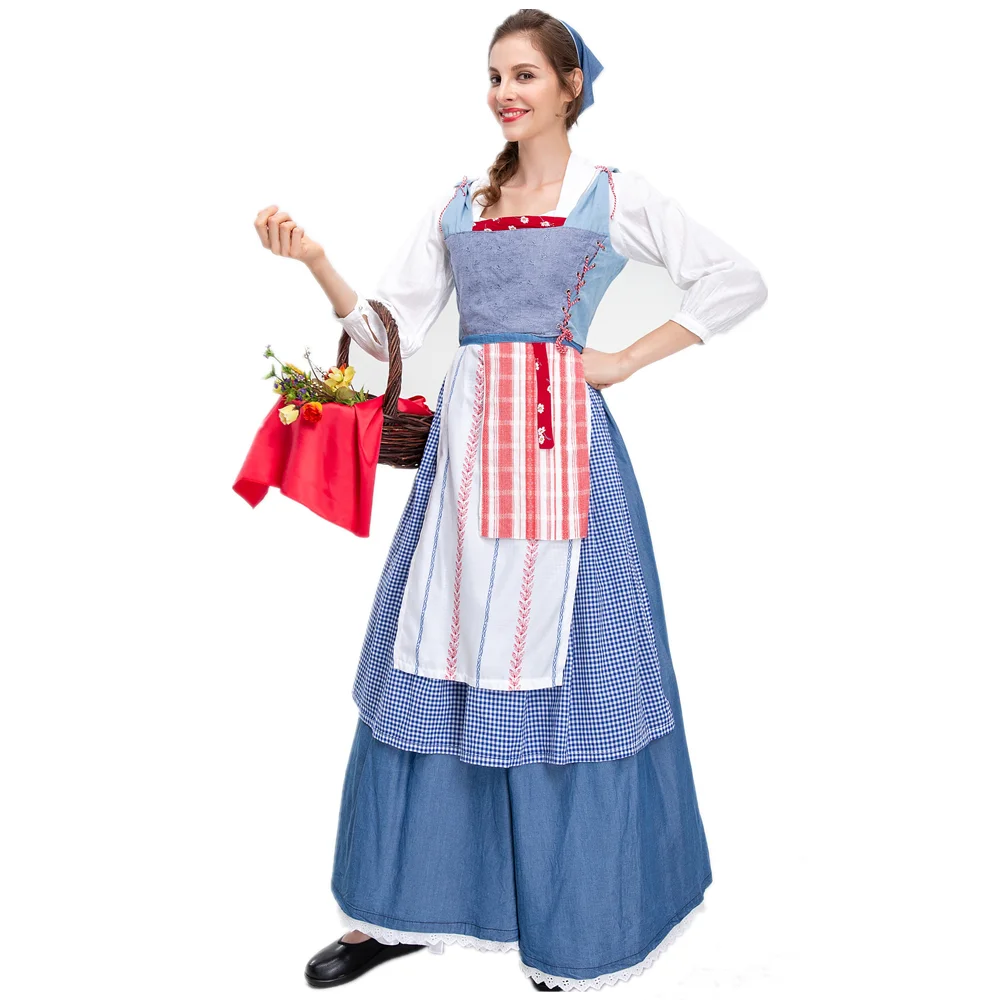 

Retro Farm French Manor Maid Costume Blue Long Skirt Bavarian Oktoberfest Dirndl Dress Beer Wench Cosplay Halloween Women Outfit